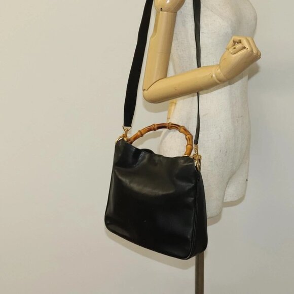 GUCCI Bamboo Hand Bag Leather 2way Black Gold